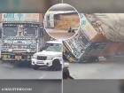 Uttar Pradesh: Overloaded Lorry Hits Divider, Overturns onto Car in Rampur; Driver Dead, Disturbing Video Emerges