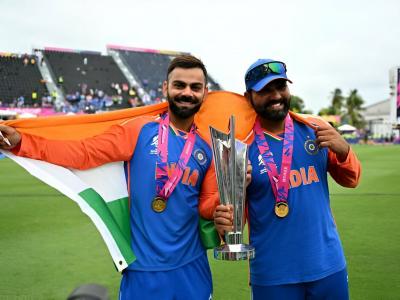 Rohit Sharma, Virat Kohli Pose with National Flag After India's Historic T20 World Cup 2024 Win (Watch Video)