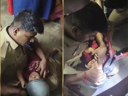Tamil Nadu: 18-Month-Old Child Safely Rescued After Getting Head Trapped in Cooking Vessel (See Pics) | Tamil Nadu: 18-Month-Old Child Safely Rescued After Getting Head Trapped in Cooking Vessel (See Pics)