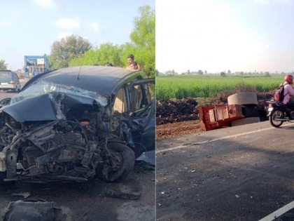 Kolhapur: Two killed, five injured as speeding car collides with dozer | Kolhapur: Two killed, five injured as speeding car collides with dozer