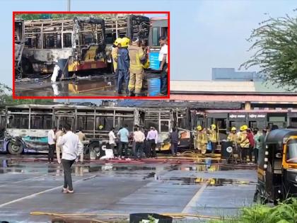 Fire Breaks Out at Ghansoli Bus Depot in Navi Mumbai; Three Buses Gutted, No Injuries Reported | Fire Breaks Out at Ghansoli Bus Depot in Navi Mumbai; Three Buses Gutted, No Injuries Reported Fire Breaks Out at Ghansoli Bus Depot in Navi Mumbai; Three Buses Gutted, No Injuries Reported | Fire Breaks Out at Ghansoli Bus Depot in Navi Mumbai; Three Buses Gutted, No Injuries Reported