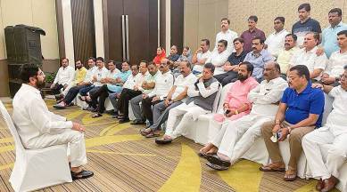 Eknath Shinde's MLAs, celebrate following his name being announced as the Chief Minister of Maharashtra | Eknath Shinde's MLAs, celebrate following his name being announced as the Chief Minister of Maharashtra