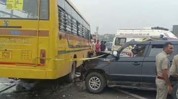 Six dead, two injured in car-school bus collision on Delhi-Meerut Expressway near Ghaziabad | Six dead, two injured in car-school bus collision on Delhi-Meerut Expressway near Ghaziabad