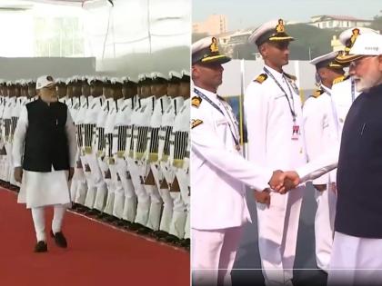 PM Narendra Modi Receives Guard of Honour on Arrival in Mumbai (Watch Video)