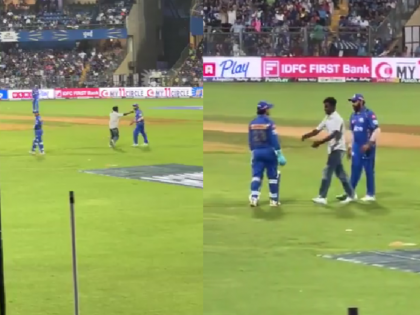 Fan Breaches Security at Wankhede Stadium, Runs Onto Field to Hug Rohit Sharma During MI vs RR Match (Watch Video) | Fan Breaches Security at Wankhede Stadium, Runs Onto Field to Hug Rohit Sharma During MI vs RR Match (Watch Video)