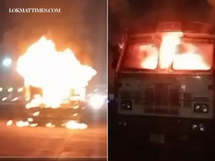 Madhya Pradesh: Truck Carrying Online Parcel Goods Catches Fire Near Rojwas Toll Plaza on NH-52 | Madhya Pradesh: Truck Carrying Online Parcel Goods Catches Fire Near Rojwas Toll Plaza on NH-52