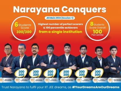 Narayana brings dreams to life in JEE Main 2024 session 1 with highest 100 percentile achievers & perfect scorers | Narayana brings dreams to life in JEE Main 2024 session 1 with highest 100 percentile achievers & perfect scorers Narayana brings dreams to life in JEE Main 2024 session 1 with highest 100 percentile achievers & perfect scorers | Narayana brings dreams to life in JEE Main 2024 session 1 with highest 100 percentile achievers & perfect scorers