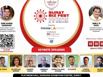 BNI hosts the biggest business festival, “The Surat Biz Fest,” presented by Tryom Realty, powered by CRMONE and We Founder Circle. | BNI hosts the biggest business festival, “The Surat Biz Fest,” presented by Tryom Realty, powered by CRMONE and We Founder Circle.