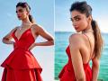 Cannes 2022: दीपिका पादुकोण ने रेड डीपनेक गाउन में दिखाई दिलकश अदाएं, देखे तस्वीरे - Hindi News | deepika padukone looking glamorous in a red deep neck gown in cannes 2022 | Latest bollywood Photos at Lokmatnews.in