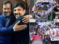 Delhi Election Result 2020: केजरी 'वॉल' को नहीं डगमगा पाई बीजेपी, जीत की जश्न में यूं डूबे AAP कार्यकर्ता, देखें फोटो - | delhi assembly result aap arvind kejriwal congratulate delhi people, member and lord hanuman ji | Latest india Photos at Lokmatnews.in