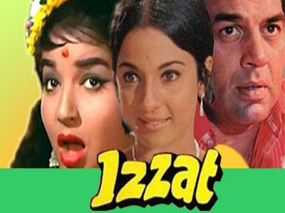 इज़्ज़त (1968) फ़िल्म के पोस्टर में जयललिता (सबसे बाएँ), तनुजा और धर्मेंद्र।