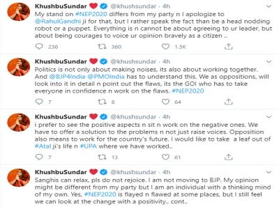 कांग्रेस नेता और फिल्म अभिनेत्री खुशबू सुंदर के ट्वीट्स।