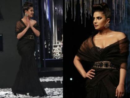 priyanka chopra looks glamorous in ramp walk with black dress | भारत आते ही प्रियंका चोपड़ा ने ब्लैक ड्रेस में दिखाया जलवा, रैंप पर हेयरस्टाइल की हो रही चर्चा-देखें फोटो