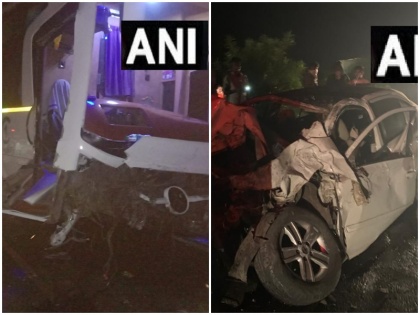 Horrific accident on Mumbai-Ahmedabad highway 4 killed in bus-car collision | मुंबई-अहमदाबाद हाईवे पर भीषण हादसाः बस-कार की टक्कर में 4 लोगों की मौत, सामने आई हादसे की तस्वीरें