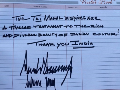 donald trump and family visit agra for taj mahal watch and write on visitor book | Donald Trump In Agra: ट्रंप ने ताजमहल के विजिटर बुक में लिखा- भारतीय संस्कृति की समृद्ध धरोहर है ताज, जानें और क्या लिखा
