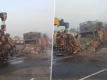 Aligarh Accident death 4 people collision car canter Gopi pull injured removed vehicles see video | Aligarh Accident: कैंटर और ट्रक में टक्कर, आग में जिंदा जले 4 लोग, देखिए वीडियो