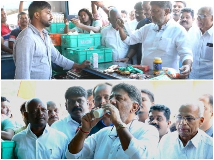 Amid Amul vs kmf controversies Congress leader DK Shivakumar visited Nandini milk parlours bought some dairy products drank milk | Amul vs Nandini: विवादों के बीच कांग्रेस नेता डीके शिवकुमार ने नंदिनी मिल्क पार्लर्स का किया दौरा, कुछ डेयरी प्रोडक्ट्स खरीदे और काउंटर पर पिया दूध