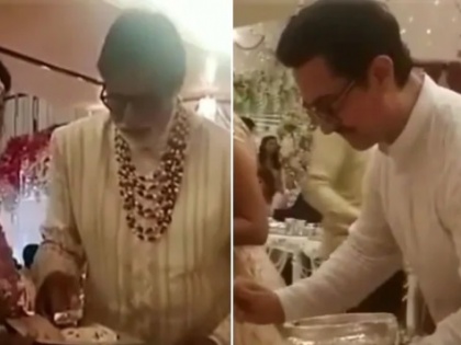 Amitabh Bachchan, Aamir Khan and Aishwarya sarve dinner on the occasion of Isha Ambani's wedding, video goes viral | वीडियो: ईशा अंबानी की शादी में मेहमानों को खाना परोसते नजर आए अमिताभ, आमिर और ऐश्वर्या