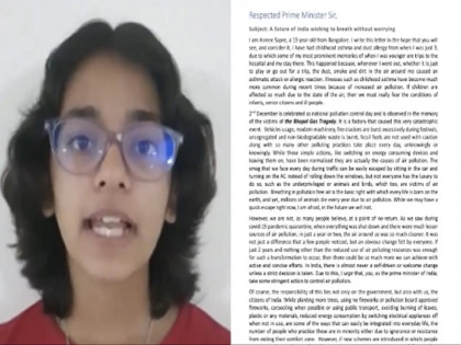 ''Right To Breathe'': Bengaluru Teen Writes Open Letter To PM Modi Advocating For Clean Air | ''सांस लेने का अधिकार'': बेंगलुरु की 13 साल की लड़की ने स्वच्छ हवा की वकालत करते हुए पीएम मोदी को खुला पत्र लिखा