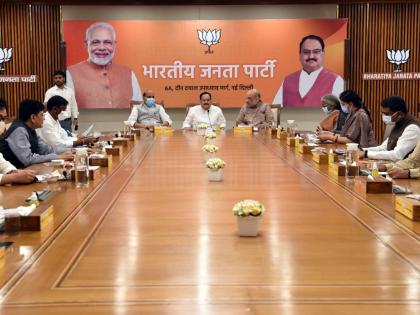 Union Council of Ministers Reshuffle elections five states UP BJP's meeting JP Nadda Rajnath Singh & Amit Shah present | केंद्रीय मंत्रिपरिषद में फेरबदल और यूपी सहित पांच राज्यों में चुनावः भाजपा शीर्ष नेताओं के बीच बैठक, नड्डा, शाह और राजनाथ पहुंचे Union Council of Ministers Reshuffle elections five states UP BJP's meeting JP Nadda Rajnath Singh & Amit Shah present | केंद्रीय मंत्रिपरिषद में फेरबदल और यूपी सहित पांच राज्यों में चुनावः भाजपा शीर्ष नेताओं के बीच बैठक, नड्डा, शाह और राजनाथ पहुंचे