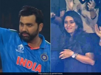 watch ICC World Cup 2023 Rohit Sharma picks first ODI wicket in more than 11 years 'Bowler' Rohit Sharma Claims World Cup Wicket, Wife Ritika Reacts see video | Rohit Sharma ICC World Cup 2023: 2012 के बाद अपना पहला वनडे विकेट, 'गेंदबाज' पति पर पत्नी रितिका ने दी प्रतिक्रिया, वीडियो वायरल