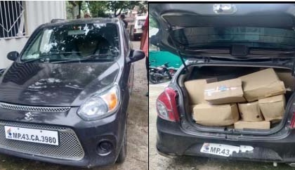Madhya Pradesh bhopal Ratlam constable teacher caught smuggling liquor of lakhs in Ujjain, 40 boxes recovered in car | रतलाम का आरक्षक, शिक्षक उज्जैन में लाखों की शराब तस्करी में पकड़ाए, कार में 40 पेटी बरामद