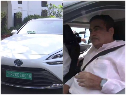 Union Road Transport & Highways minister Nitin Gadkari rides in a green hydrogen-powered car to Parliament | केंद्रीय ​मंत्री नितिन गडकरी ग्रीन हाइड्रोजन से चलने वाली कार से पहुंचे संसद, जानिए इसकी खासियत