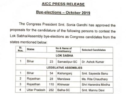 Bihar Samastipur LS by-polls: Congress declares Ashok Kumar as candidate 4 for Assembly By-Elections | बिहार: समस्तीपुर लोकसभा उपचुनाव के लिए कांग्रेस ने की उम्मीदवार की घोषणा, विधानसभा By-Polls के लिए 4 कैंडिडेट