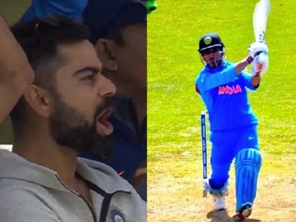 ICC World Cup 2019: MS Dhoni slams his century with six against Bangladesh, Virat Kohli reaction is priceless | IND vs BAN: धोनी ने छक्का जड़कर जमाया शतक, विराट कोहली ने जोरदार अंदाज में मनाया जश्न, वीडियो वायरल