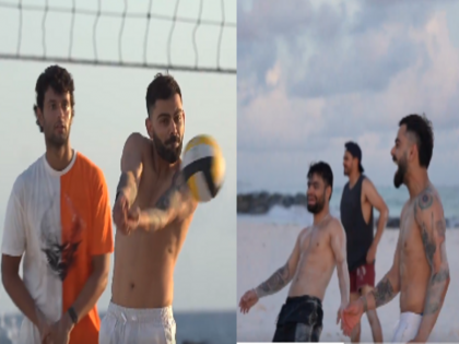 T20 World Cup Team India played beach volleyball in Barbados Hardik Pandya Virat Kohli | T20 World Cup: शर्टलेस होकर टीम इंडिया ने बाराबडोस में खेला बीच बॉलीबाल, हार्दिक पांड्या, विराट कोहली, रिंकू ने दिखाया जलवा, देखें वीडियो