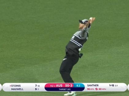 AUS vs NZ T20 WC Superhuman Glenn Phillips catch of the match Send Marcus Stoinis one moments Game packs Australia v New Zealand see video | T20 WC: ग्लेन फिलिप्स ने हवा में उड़ते हुए पकड़ा कैच, सुपरमैन बने, देखें वीडियो