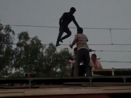 When the train arrived to save the young man climbing on the electric pole, after a lot of effort, the police took down, watch the video | बिजली के खंभे पर चढ़े युवक को बचाने पहुंची ट्रेन, बड़ी मशक्कत के बाद पुलिस ने नीचे उतारा, देखें वीडियो