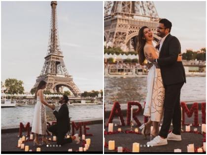 Actress Hansika Motwani engaged to businessman Sohail Kathuria kneeling in front of the Eiffel Tower Kathuria wore a ring | अभिनेत्री हंसिका मोटवानी ने कारोबारी सोहेल कथूरिया से की सगाई, एफिल टॉवर के सामने घुटनों के बल बैठकर कथूरिया ने पहनाई अंगूठी