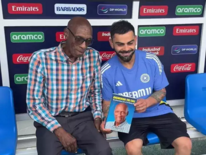 T20 World Cup Virat Kohli got a special gift met West Indies legend Sir Wesley Hall before Super 8 match | T20 World Cup: सुपर 8 मुकाबले से पहले विराट कोहली को मिला खास तोहफा, वेस्टइंडीज के दिग्गज सर वेस्ले हॉल से मुलाकात की