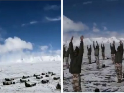 indo-Tibetan Border Police personnel perform Surya Namaskar in cold desert of Ladakh at an altitude of 18,000 feet | अंतर्राष्ट्रीय योग दिवस: जल थल और वायु में सेना के जवानों ने किया योग, जमा देने वाली ठंड भी नहीं बनी बाधा