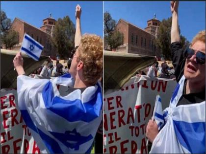 Israel supporter chants 'Jai Shri Ram' to counter anti-India slogans raised in US campus protests video | VIDEO: अमेरिकी कैंपस विरोध प्रदर्शन में भारत विरोधी नारों का जवाब देने के लिए इज़राइल समर्थक ने लगाए'जय श्री राम' के नारे