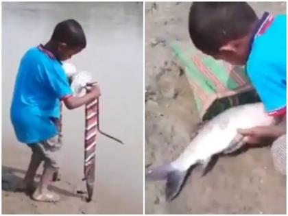 small boy smartly catch two fish from pond with desi jugaad anand mahindra share video went viral | क्या आपने कभी ऐसी जुगाड़ से पकड़ी है कोई मछली? छोटे बच्चे के इस देसी जुगाड़ को देख रह जाएंगे आप हैरान, देखें वीडियो small boy smartly catch two fish from pond with desi jugaad anand mahindra share video went viral | क्या आपने कभी ऐसी जुगाड़ से पकड़ी है कोई मछली? छोटे बच्चे के इस देसी जुगाड़ को देख रह जाएंगे आप हैरान, देखें वीडियो