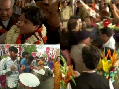 MP News: Jyotiraditya Scindia arrives in Bhopal, BJP workers slogan 'Jai-Jai Scindia' | MP News: भोपाल पहुंचे ज्योतिरादित्य सिंधिया का भव्य स्वागत, बीजेपी कार्यकर्ताओं ने 'जय-जय सिंधिया' के लगाए नारे