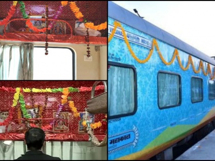 BJP MP makes Swastik on Loco Pilot cabin in kashi Mahakal Express, this train will pass through three Jyotirlingas | मध्य प्रदेश: बीजेपी सांसद ने लोको पायलट कैबिन पर स्वास्तिक बनाकर महाकाल एक्सप्रेस को किया रवाना, तीन ज्योर्तिलिंगों से गुजरेगी यह ट्रेन