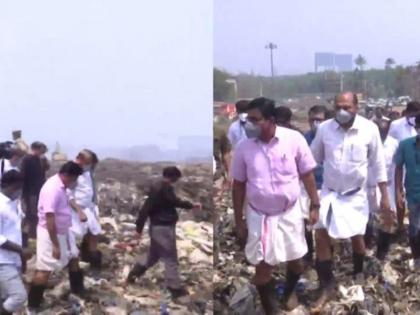 Kerala Minister P. Rajeev arrives at Kochi Brahmapuram garbage plant wearing a face mask Smoke rising due to fire in Brahmapuram garbage plant | केरल: मुंह पर मास्क लगाकर मंत्री पी. राजीव पहुंचे कोच्चि ब्रह्मपुरम कचरा प्लांट में, आग लगने के कारण हवाओं में घुला 'जहर'