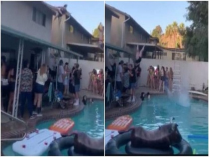 viral video of woman who attempt jump from rooftop were shocked to see this | स्विमिंग पूल में स्टंट करना महिला को पड़ा भारी, लोग बोले- हो गया खेल, वीडियो वायरल