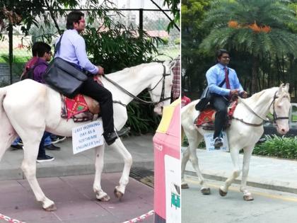 Pics: सॉफ्टवेयर इंजीनियर ने लास्ट वर्किंग डे को ऐसे बनाया यादगार, अरबी घोड़े पर पहुँचा दफ्तर