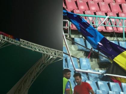 CWC 2023 Hoardings fall in crowd due to strong wind in Lucknow stadium during AUS vs SL clash see video | CWC 2023: इकाना स्टेडियम की छत से कई होर्डिंग नीचे की सीटों पर गिरे, बाल-बाल बचे फैंस, देखें वीडियो