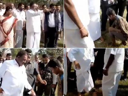 TN forest minister Dindigul C Sreenivasan tribal boys and remove his slippers comments on social media users | Video: तमिलनाडु के मंत्री ने आदिवासी लड़के से उतरवाए अपने जूते, सोशल मीडिया पर यूजर बोले- उसी चप्पल से मारना चाहिए 