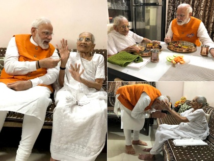 PM Narendra Modi meets his mother Heeraben Modi in Gandhinagar on 69th birthday twitter says best picture | पीएम मोदी के जन्मदिन की आ गई सबसे खूबसूरत तस्वीर, मां का आशीर्वाद लेकर साथ में खाया खाना