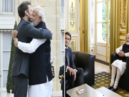 PM Narendra Modi and Emmanuel Macron meet in Paris talked on bilateral as well as global issues | प्रधानमंत्री मोदी और फ्रांसीसी राष्ट्रपति इमेनुअल मेक्रों की पेरिस में गर्मजोशी से मुलाकात, दोनों नेताओं ने एक-दूसरे को लगाया गले