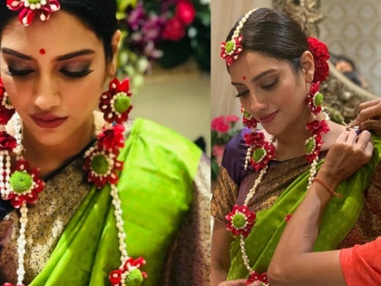 tmc mp nusrat jahan photos goes viral she wearing flower jewellery | TMC सांसद नुसरत जहां के ससुराल के फंक्शन की तस्वीरें वायरल, फूलों से दिखीं सजी