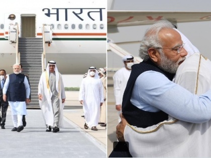 UAE President Sheikh Mohamed bin Zayed Al Nahyan warmly receives PM Narendra Modi in Abu Dhabi special gesture see video | पीएम मोदी अबू धाबी पहुंचे, UAE के राष्ट्रपति शेख मोहम्मद बिन जायद अल नाहयान ने की अगवानी, देखें वीडियो