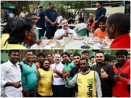 Rahul Gandhi eats dosa-pee copy with delivery partners Karnataka Elections 2023 Congress shares pictures scooty ride selfie | कर्नाटक चुनाव 2023: डिलीवरी पार्टनर्स के साथ राहुल गांधी ने खाया डोसा, कांग्रेस ने शेयर की स्कूटी की सवारी और सेल्फी वाली तस्वीरें Rahul Gandhi eats dosa-pee copy with delivery partners Karnataka Elections 2023 Congress shares pictures scooty ride selfie | कर्नाटक चुनाव 2023: डिलीवरी पार्टनर्स के साथ राहुल गांधी ने खाया डोसा, कांग्रेस ने शेयर की स्कूटी की सवारी और सेल्फी वाली तस्वीरें
