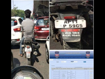 Hyderabad Traffic Police gives lessons to no helmet real man | बाइक पर लिखवा कर घूम रहा था, 'मर्द हेलमेट नहीं पहनते', पुलिस ने चखाया मजा